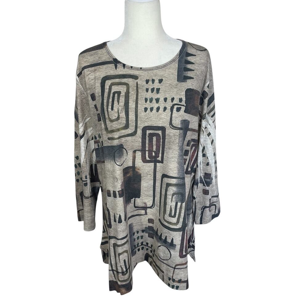 Jess & Jane Maze Diagonal Side Slit Tunic Top Neutral Size 1X Artsy Lagenlook